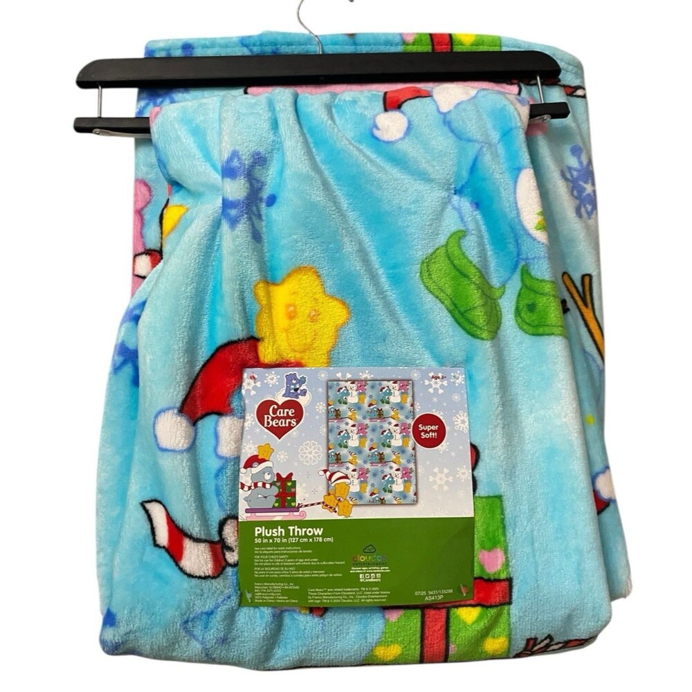 Care Bears Blue Holiday Christmas Plush Throw Blanket 50" x 70" NEW
